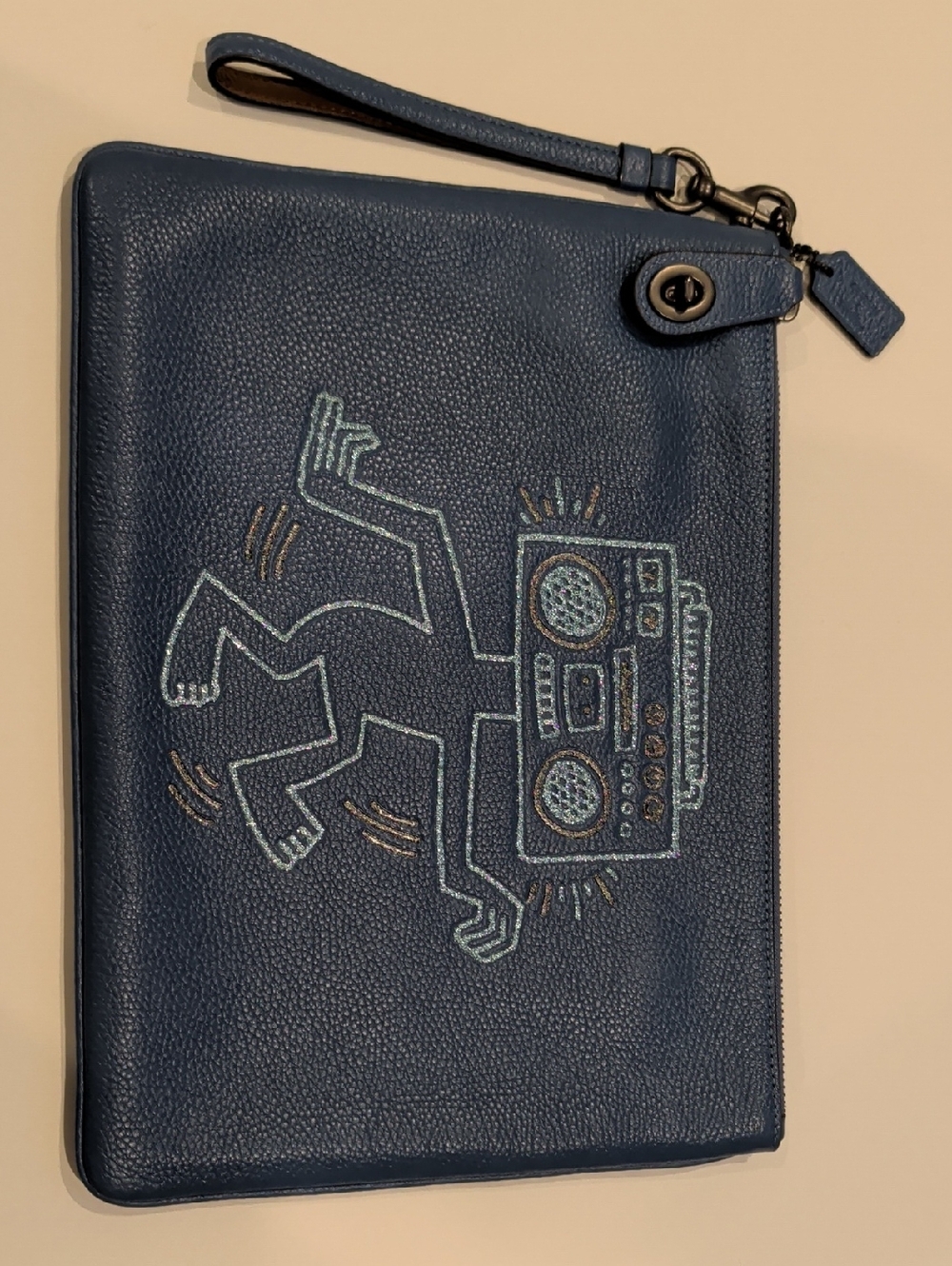 Navy Leather Wristlet Clutch with Boombox Embroidery Limited Edition